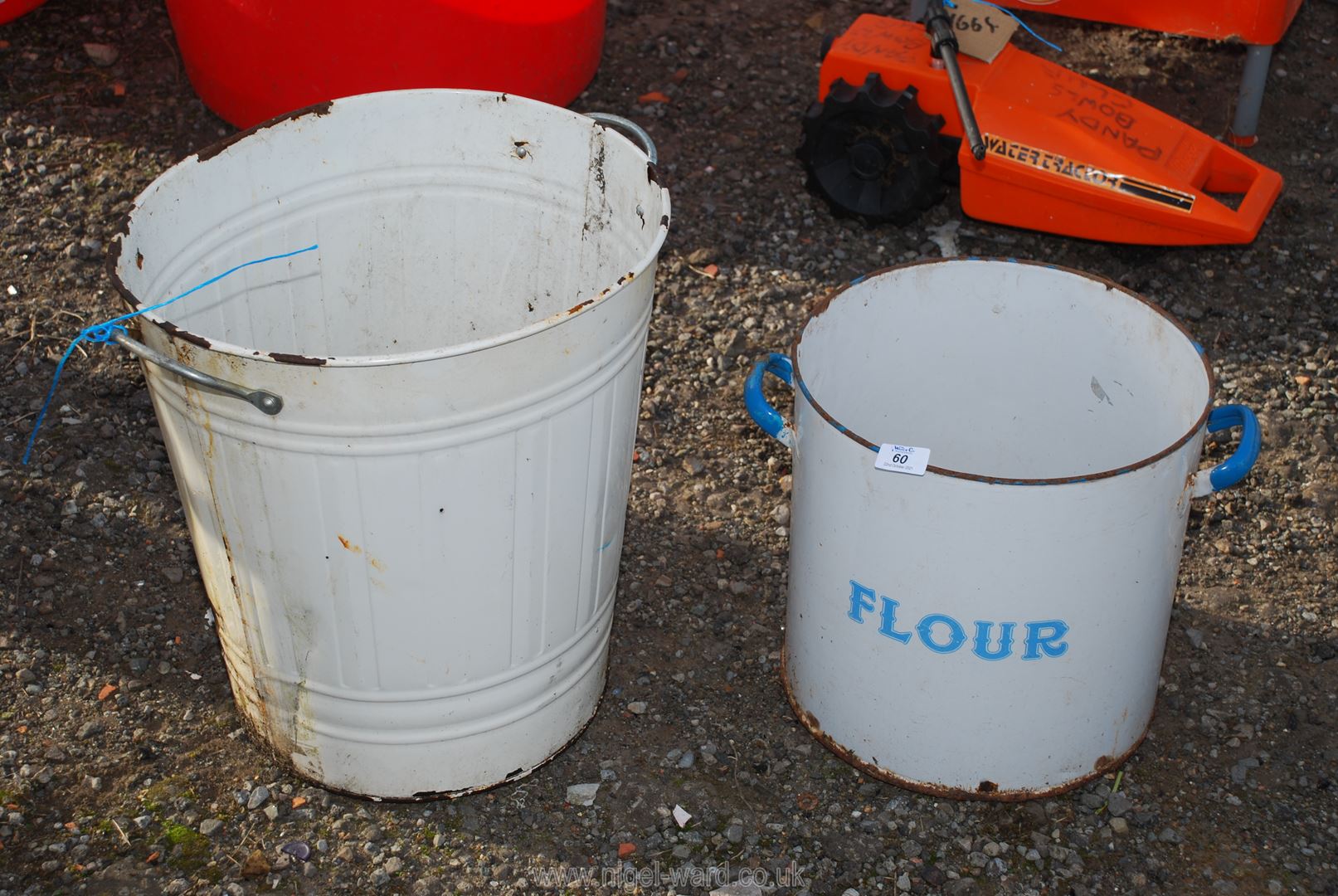 Enamel flour bin and painted dustbin.