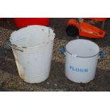 Enamel flour bin and painted dustbin.