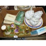 A box of mixed china to include a green floral dressing table set, Woods Ivory cheese dish,