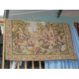 Two machine-made wall Hangings, one depicting a Victorian Country festival scene, on pole,