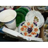 A box of china including three Wedgwood cabbage plates, white Wedgwood Queensware vase,