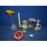 Miscellaneous coloured glass vases and a swirl bowl, etc.