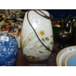 A Rochamp pottery lamp with crackle glaze and ponds scene and floral,