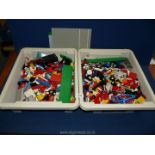 Two boxes of Lego including base plates, figures, car parts, building blocks etc.