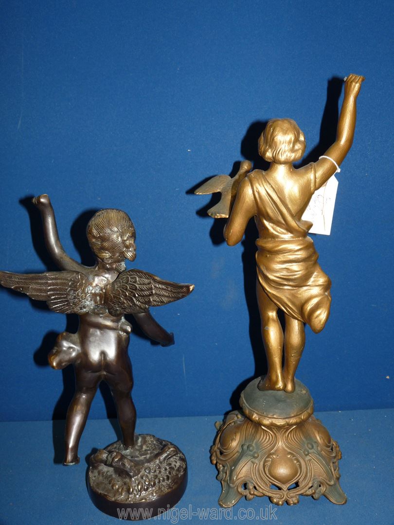 A cast metal figure of a cherub, 14'' tall and a metal figure of a man holding a bird, a/f, - Image 2 of 3