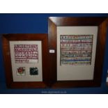 Two embroidered tapestries in wooden frames of the alphabet, 23" x 17 3/4", 18" x 14 1/4".