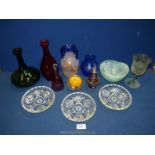 A quantity of coloured glass including a blue vase, a bell, three oval bon bon dishes,