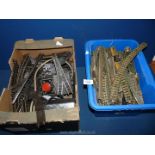 Two boxes of old railway track, Triang power unit, Hornby 9 unit etc.