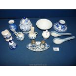 A small quantity of blue and white china including Delftware, ginger jar, sake bowls and spoons etc.