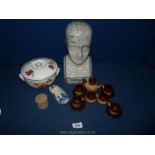 A child's pottery Teaset/coffee set, Phrenology head, Evesham lidded serving dish, Delft clog etc..