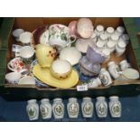 A quantity of mixed china to include ceramic herb pots, Maling multi coloured dessert dishes,