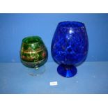 Two large Brandy Balloon vases, one blue the other green and gilt with read bead decoration.