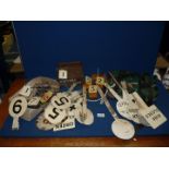 A quantity of miscellanea including bowling green markers, signs, score cards,