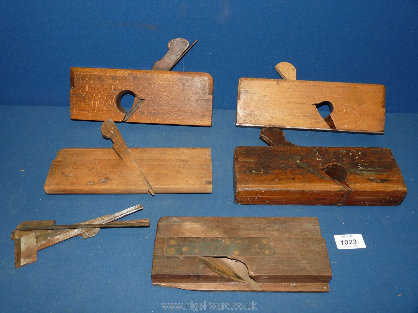 Three wooden moulding planes,all 1 3/4'' , two planes , a/f and spare blades.