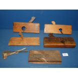 Three wooden moulding planes,all 1 3/4'' , two planes , a/f and spare blades.