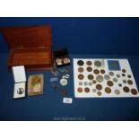 A WWII Defence Medal, miscellaneous coins including Cartwheel penny 1797, enamel badges, watch keys,
