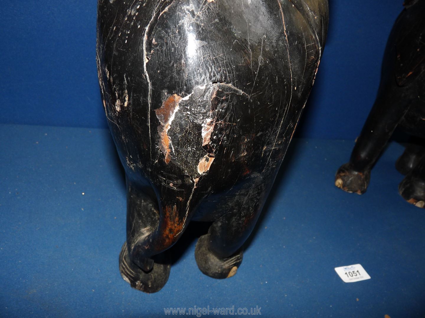 A pair of large and heavy ebonised Elephants, both a/f with large wood splits/losses, - Image 4 of 5