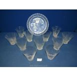 Eleven Oka tumblers and a Spode willow pattern ribbon plate