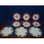 Six Thun dessert plates with deep pink borders and floral centres and three Royal Norfolk dinner