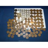 A quantity of pre decimal English coins including pennies, halfpennies, threepenny bits,