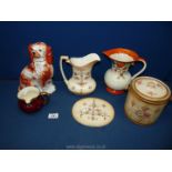 A quantity of china to include Flatback Spaniel, Crown Devon jug, biscuit barrel,