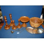 A quantity of Treen including bowl, candlesticks,