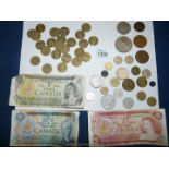 Three Canadian Dollars, foreign coins, silver Jubilee Crown etc.