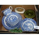 Miscellaneous blue and white china including dinner plates, soup bowls, Palissy dish,