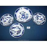 A small quantity of William Ratcliffe blue and white porcelain, cups, saucers and plate,
