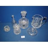 A small quantity of cut glass including; Brier decanter, water jug, marmalade jar,