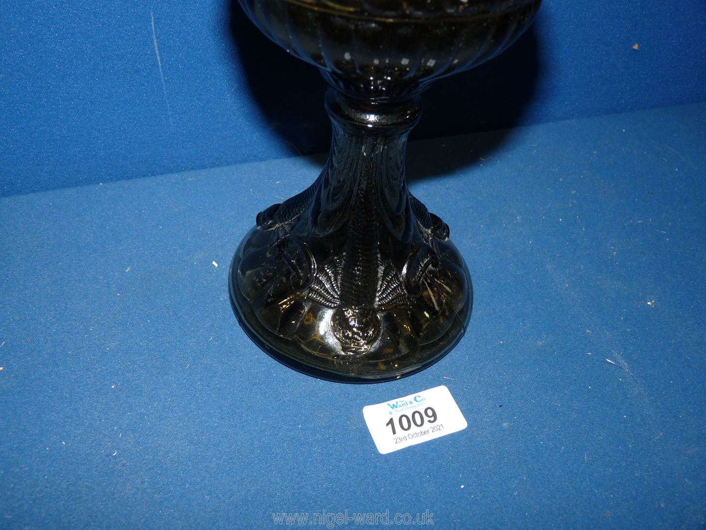 An oil Lamp with smoky brown glass base incorporating the reservoir, with fluted rim chimney, - Image 2 of 2