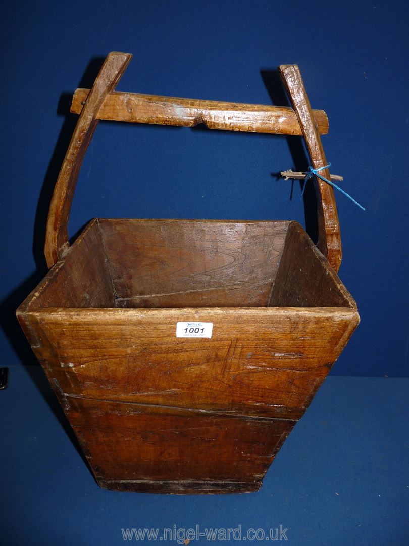 A vintage square primitive wooden Bucket, 16" x 23" tall.