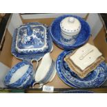 A quantity of blue and white china including Burleighware Willow pattern tureen (small chip),