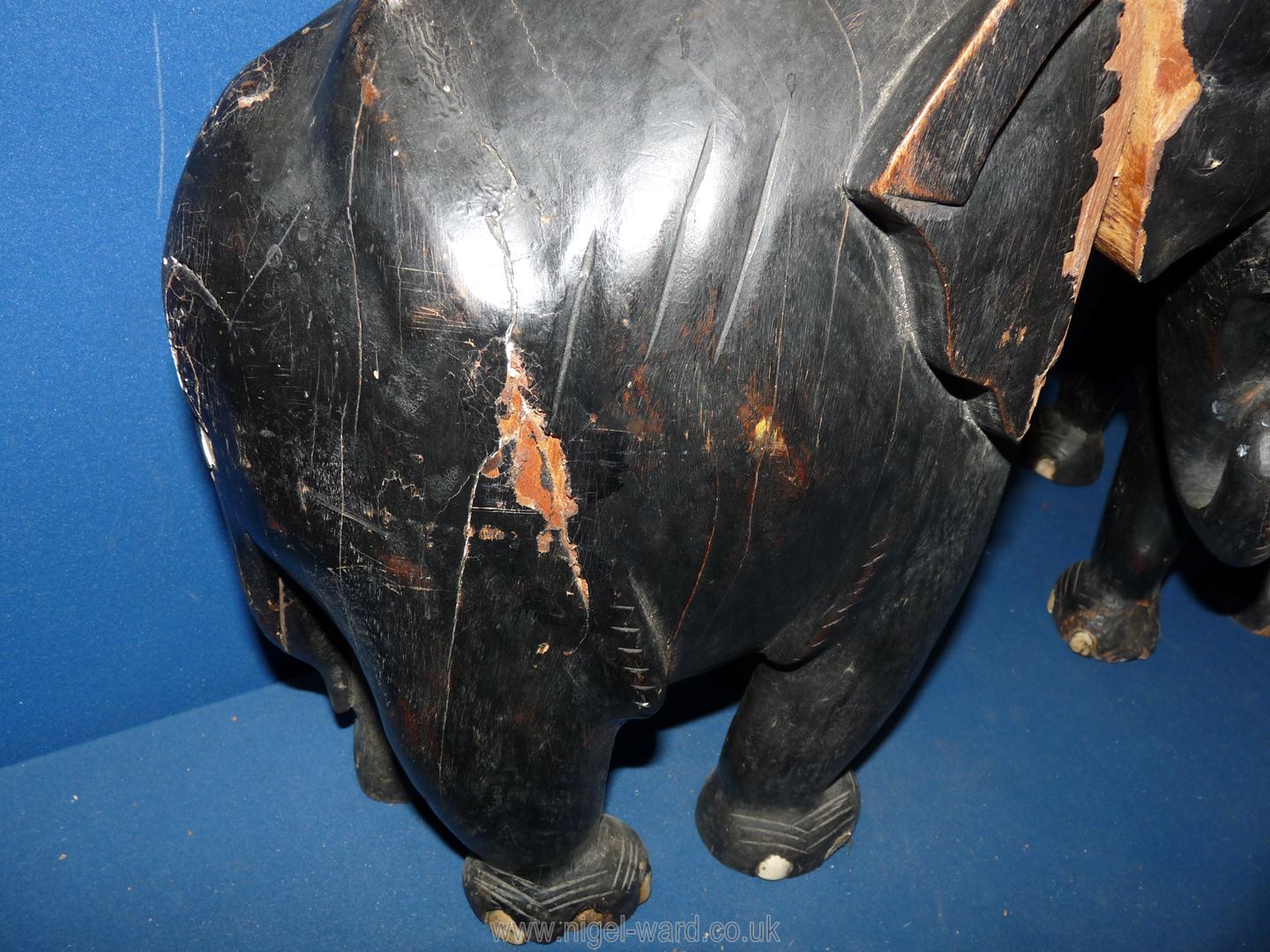 A pair of large and heavy ebonised Elephants, both a/f with large wood splits/losses, - Image 3 of 5