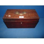 A wooden tea caddy with brass handle, no bowl, 13" x 6 1/2" x 6 1/4", no key.