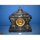 A very heavy and imposing polished black stone and marble Mantle CLock of architectural form having