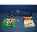 A wooden toy truck painted blue and a boxed Housey Housey (Lotto) game and a miniature Table