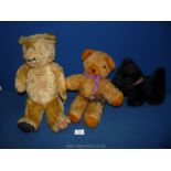 Three soft toys including a Chad Valley jointed bear, a/f, black Scottie dog etc.