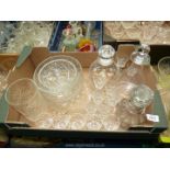 A quantity of glass including two cut glass trifle bowls, tall vase, three decanters,