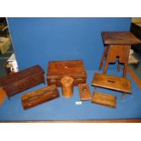 A quantity of Treen including small pot stand, miniature coffer, tray and table,