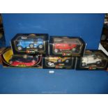 Five Burago boxed model cars, Alfa Romeo, Bugatti, Mercedes, etc.