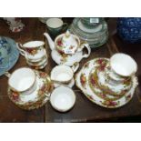 A Royal Albert 'Old Country Roses' Teaset, finial to teapot lid been re-stuck and small chip.