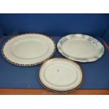 Three large meat platters; one with blue & white floral pattern,