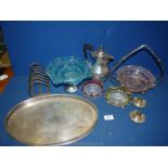 A silver plated tray, tazza, serving dishes with glass bowls etc.