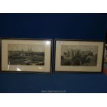 Two framed, finely embroidered pictures on silk of Coventry and Kenilworth Castles, some staining,