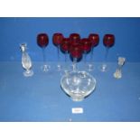 A set of eight ruby glass Cordial Glasses, Royal Doulton bud vase, glass bowl etc.