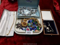 A quantity of miscellaneous costume jewellery and a charm bracelet with silver chain.