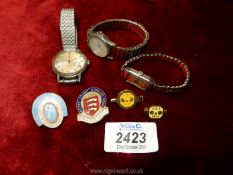 Three wristwatches including Cyma, Limit and Timex together with enamel pins for Essex Bowling Club,