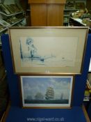 A framed and mounted print of boats and trees, signed lower right Spencer, 33'' x 21 1/2''.