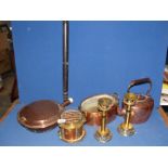 A quantity of brass and copper items including; copper warming pan (a/f), copper kettle,
